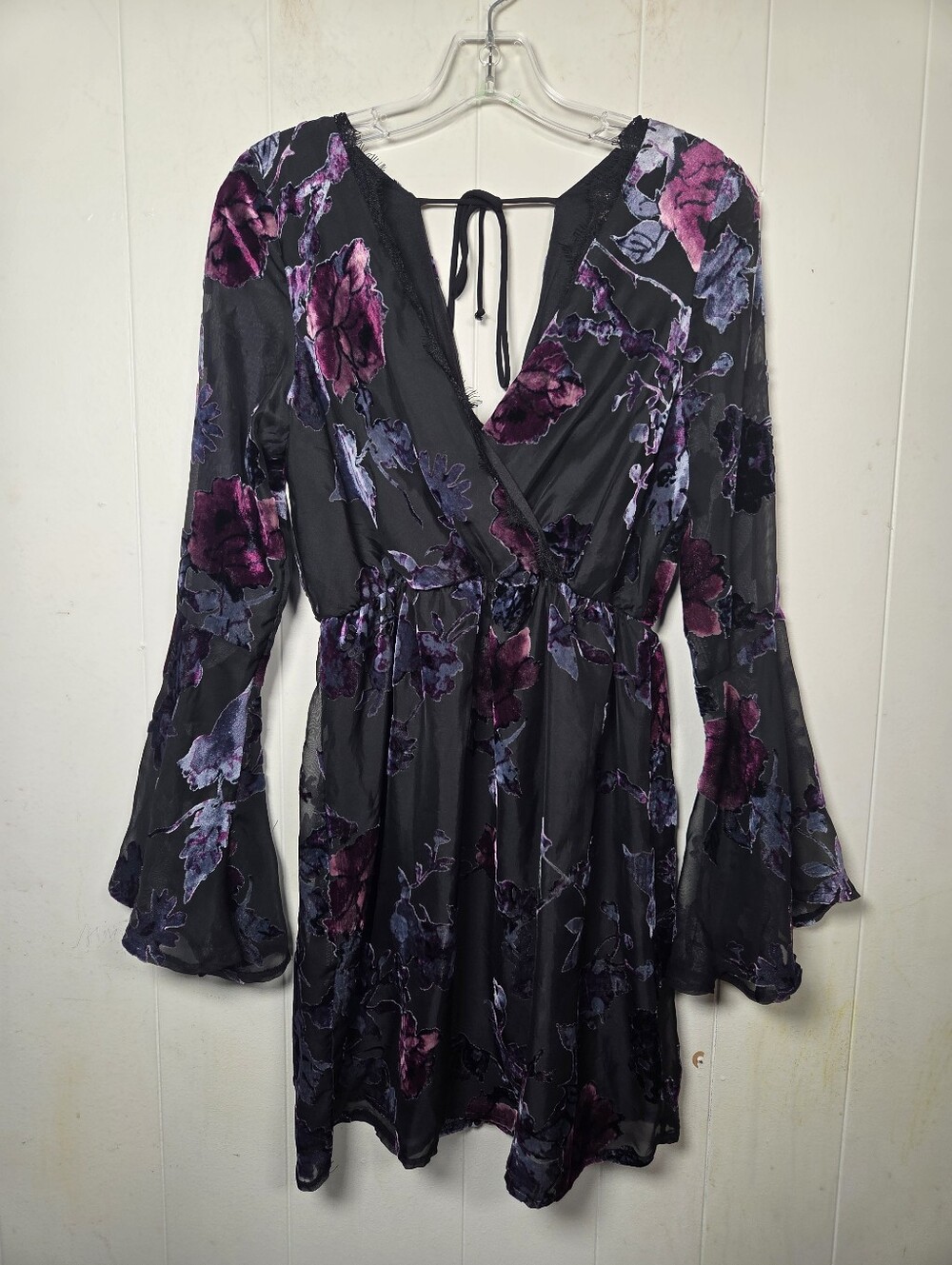 Womens Black Velvet Burnout Deep V Neck Mini Dress Size Small Flare Sleeves